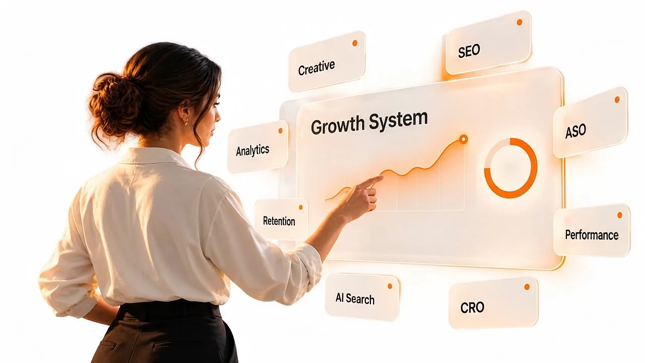 A growth strategist tracing the growth curve on a glass dashboard labelled Growth System, with eight discipline cards around it: SEO, ASO, Performance, CRO, AI Search, Retention, Analytics and Creative.